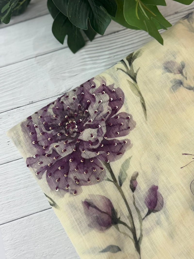 Handworked floral digital printed semi Linen Saree MLS611