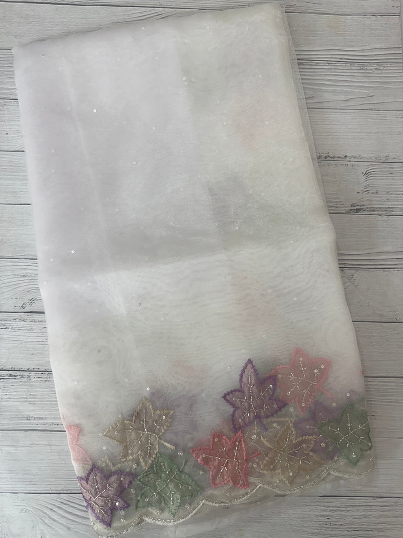 Handworked glass organza saree with applique work- MSHW227 - White