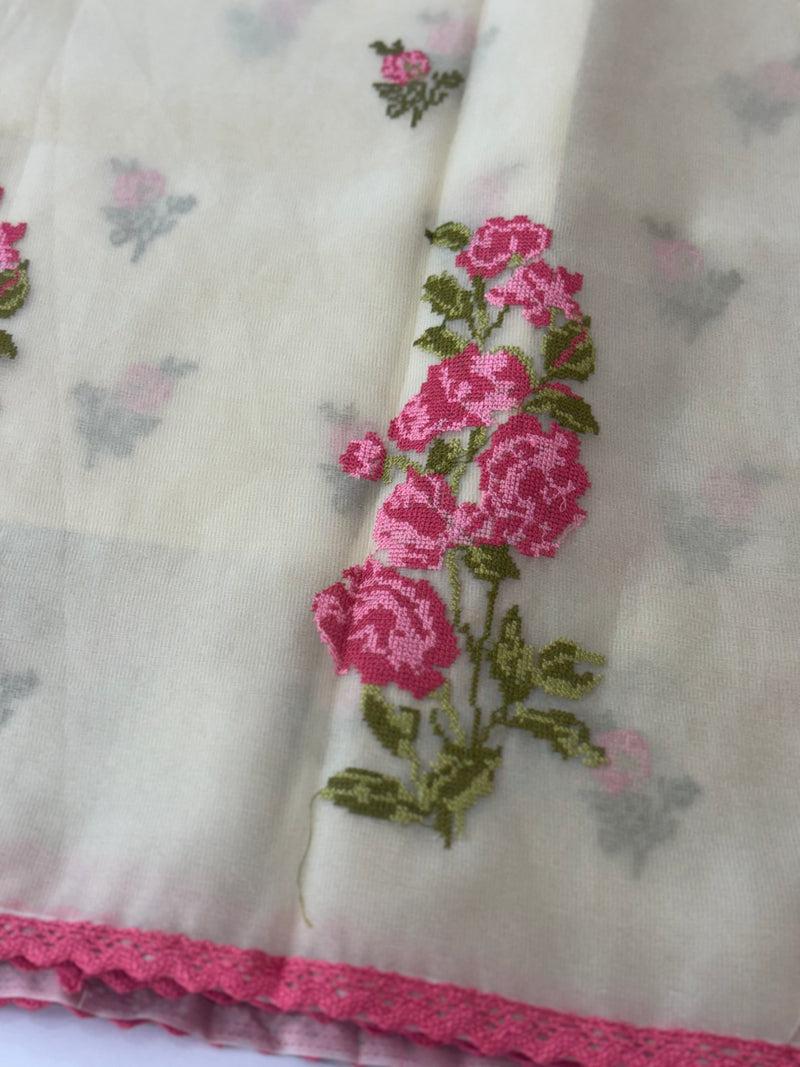 Viscose organza saree with cross stitch embroidery MS5089- PeachyPink