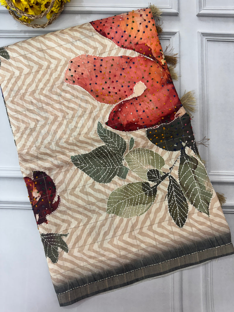Blended tussar silk saree with french knots, sequence and kanta work - MS14855