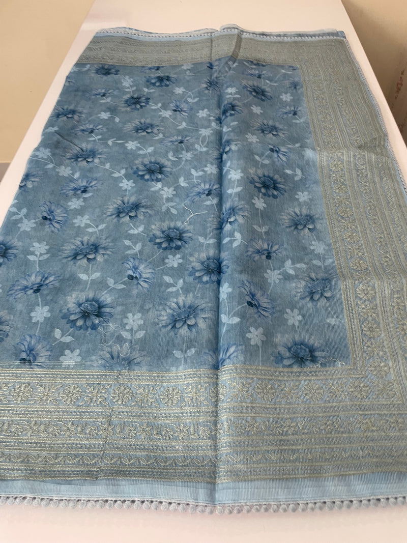 Supernet saree with digital prints and chikankari border SKFNSEM