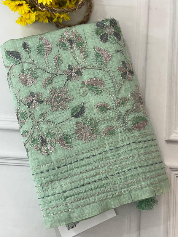 Crushed Blended tussar silk saree with embroidery- SNFCYEY PastelMintGreen