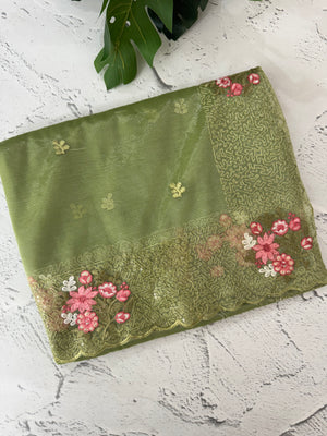 Glass tissue organza saree with embroidery MSF125 LeafGreen