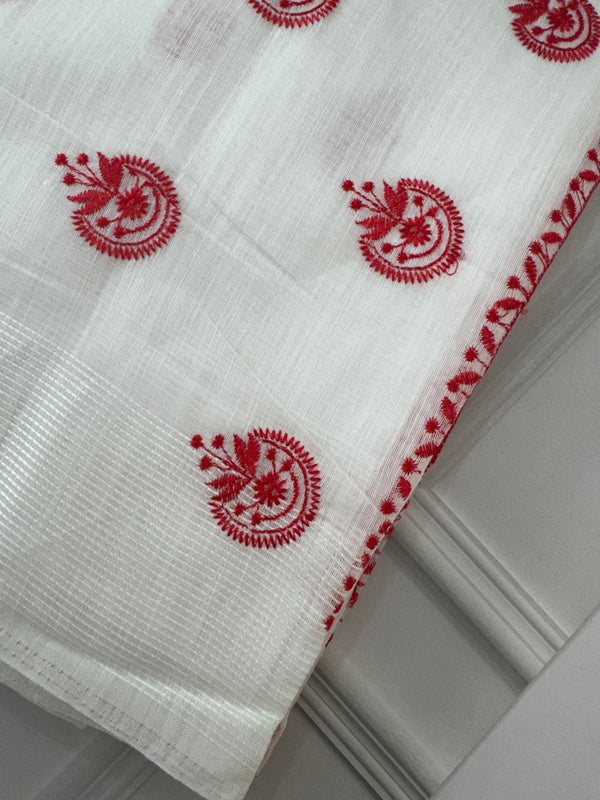 Slub cotton embroidery saree MSCB651 White & Red