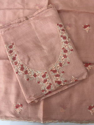 Unstitched Silky Kota Set with embroidery- MK66 Peach