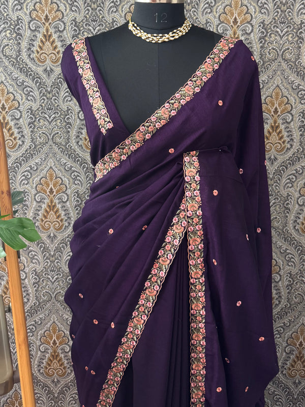 Crepe chiffon saree with Embroidery border- MS6544 Purple