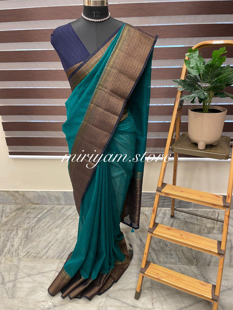 Jute silk sarees with contrast pallu & blouse MJL324 Teal to darkblue