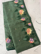 Crushed Blended tussar silk saree with embroidery- MTS355 - JadeGreen