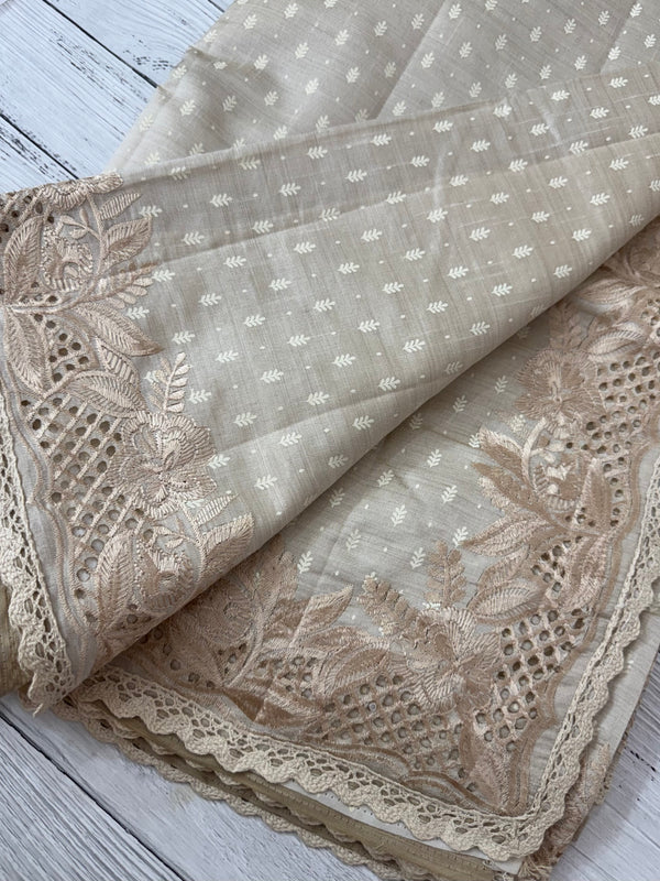 Cutwork blended tussar saree   - Cream MS5222