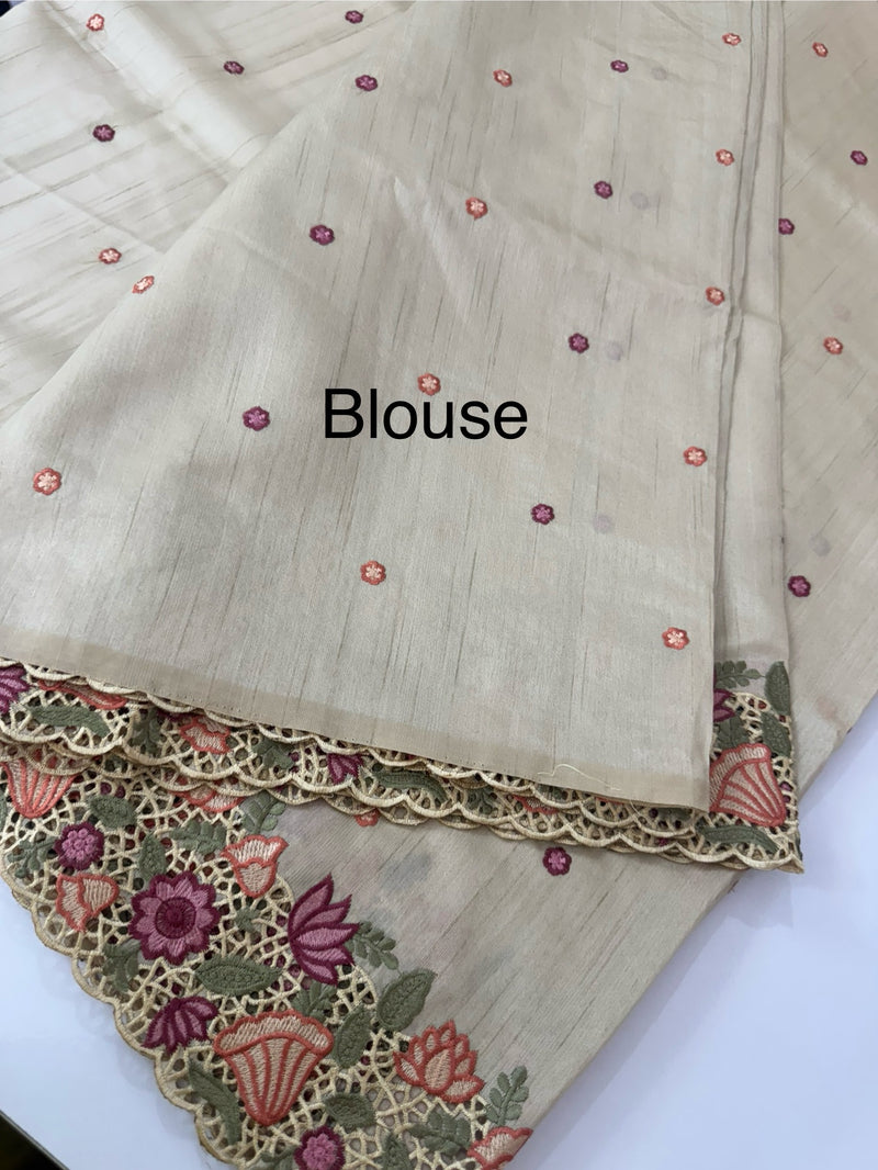 Cutwork Blended tussar saree MTS609 - Beige