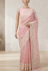 Mul chanderi cotton saree with organza applique borders MSH212 - PastelPink
