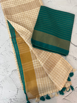 Linen checks saree with zari border MLS9766- Cream & RamaGreen