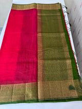 Jute silk sarees with contrast pallu & blouse MJL396 Pink to Green