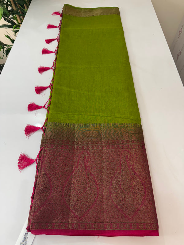 Jute silk sarees with contrast pallu & blouse MJL3412 ParrotGreen to Pink