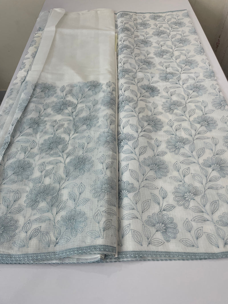 Kota cotton embriodery saree MS1490 - White & GreyishBlue