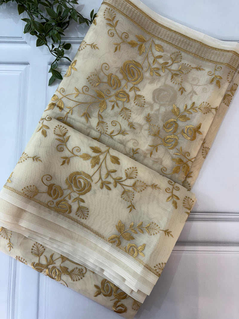 Banarasi kora oraganza saree with embroidery  MKOS326 Cream