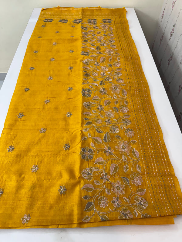 Crushed Blended tussar silk saree with embroidery- SNFCYEY Mustard Yellow