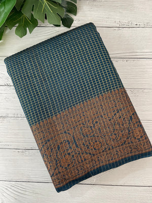 Semi silk saree with checks zari weaving MS81543- TealBlue