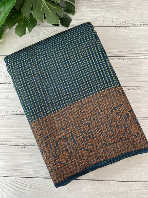 Semi silk saree with checks zari weaving MS81543- PeacockBlue