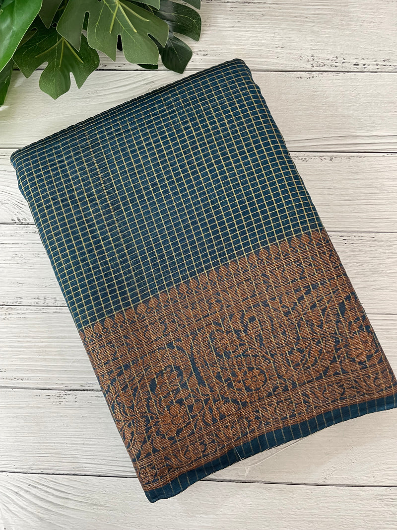 Semi silk saree with checks zari weaving MS81543- PeacockBlue