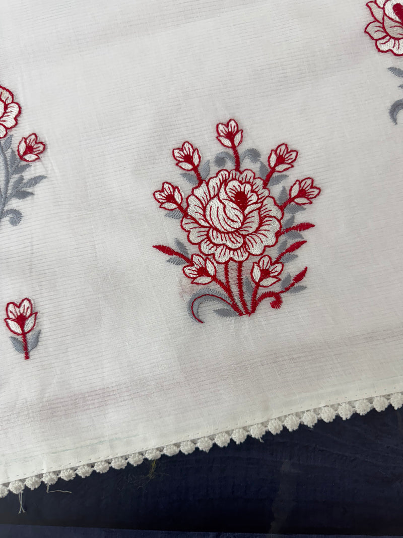 Cotton embriodery saree MS14534- White & Red