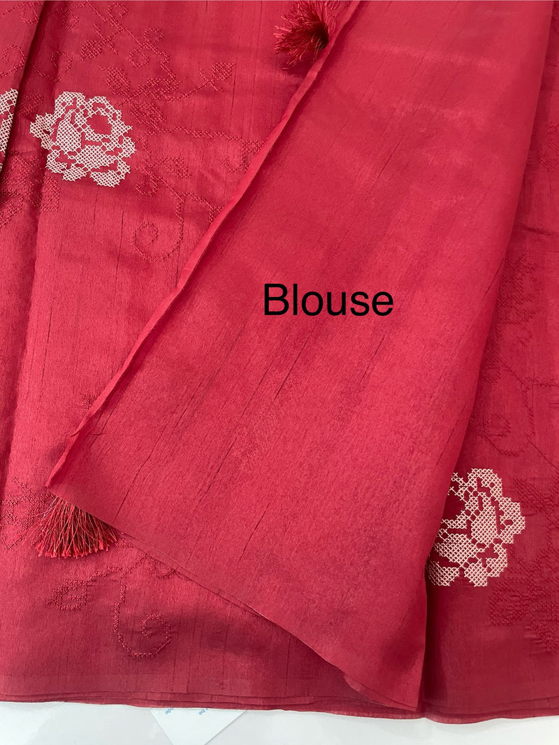 Blended Matka Tussar silk saree with cross stitch embroidery MS4899 MaroonRed