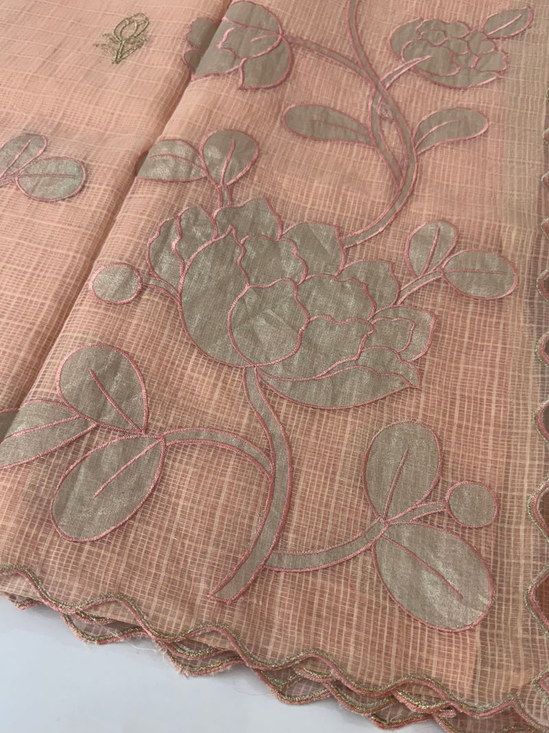 NetKota saree with tissue applique work MS15145- PastelPeach