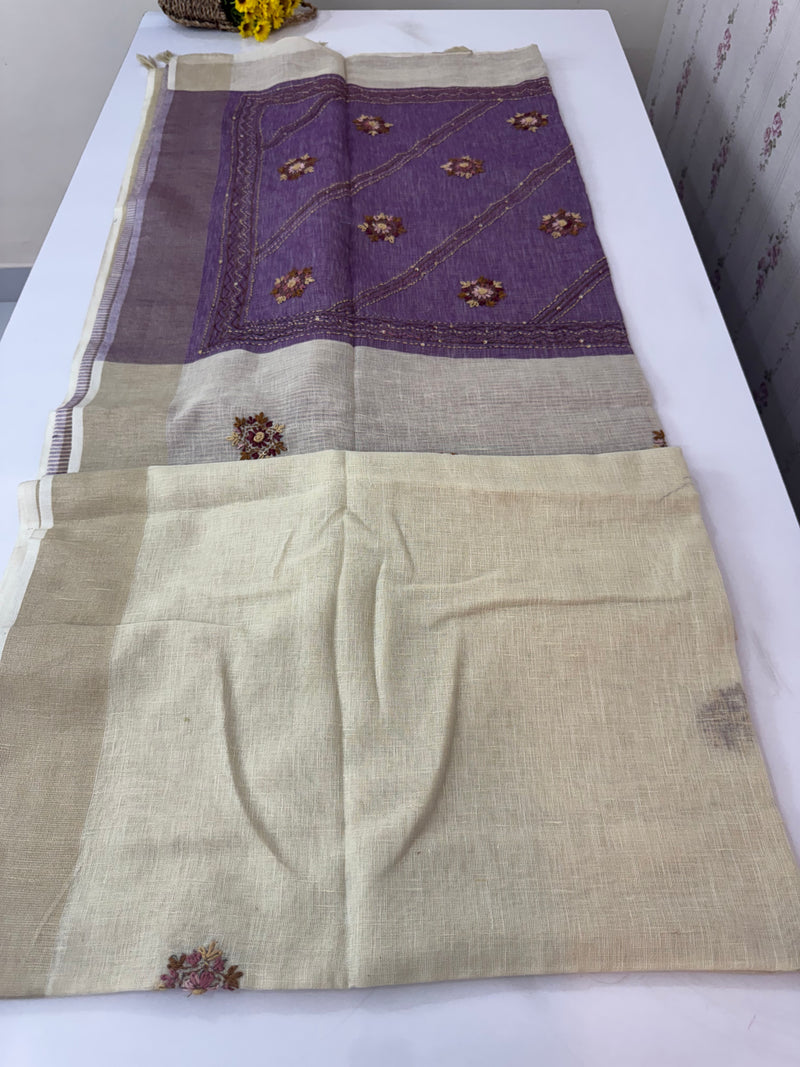 Linen saree with French knots and kanta embriodery MS94311