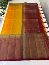 Jute silk sarees with contrast pallu & blouse MJL3412 Mustard to Maroon