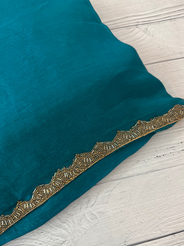 Shimmery crush silk saree with handworked lace border MS99321- Teal
