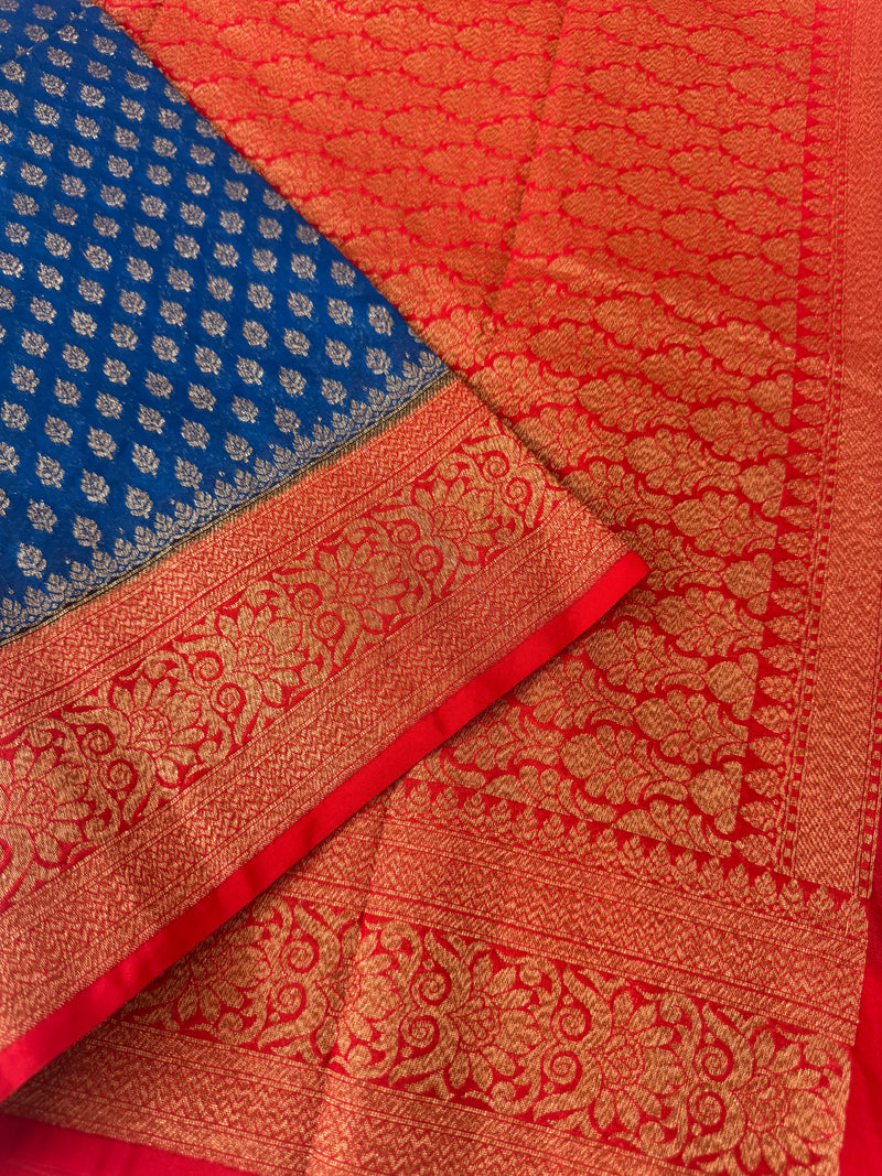 Banarasi viscose Georgette saree MKGS611- DeepSeaBlue to Red