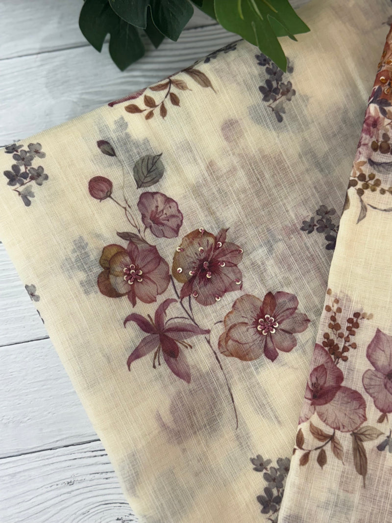 Handworked floral digital printed semi Linen Saree MLS611