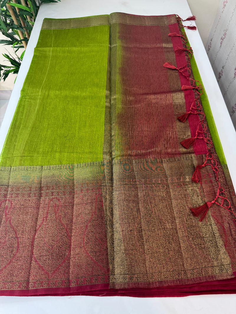 Jute silk sarees with contrast pallu & blouse MJL3412 Parrot Green to Maroon