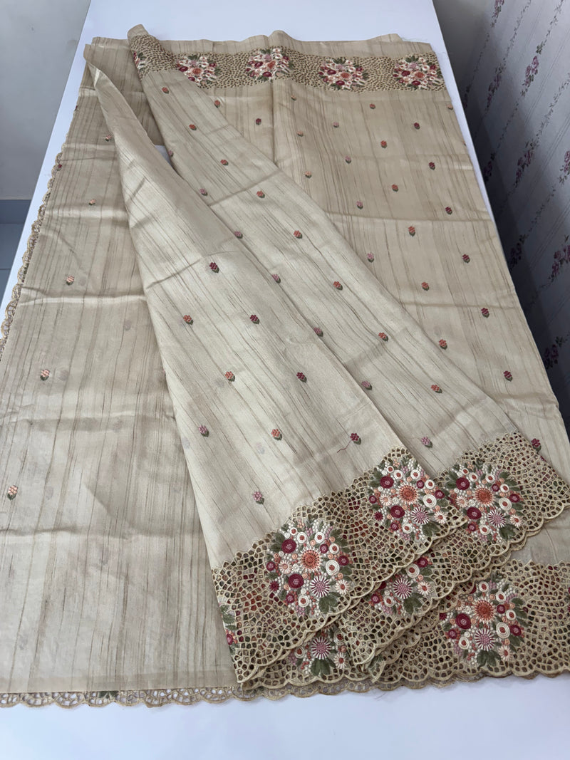 Cutwork Blended tussar saree MTS610 - Beige