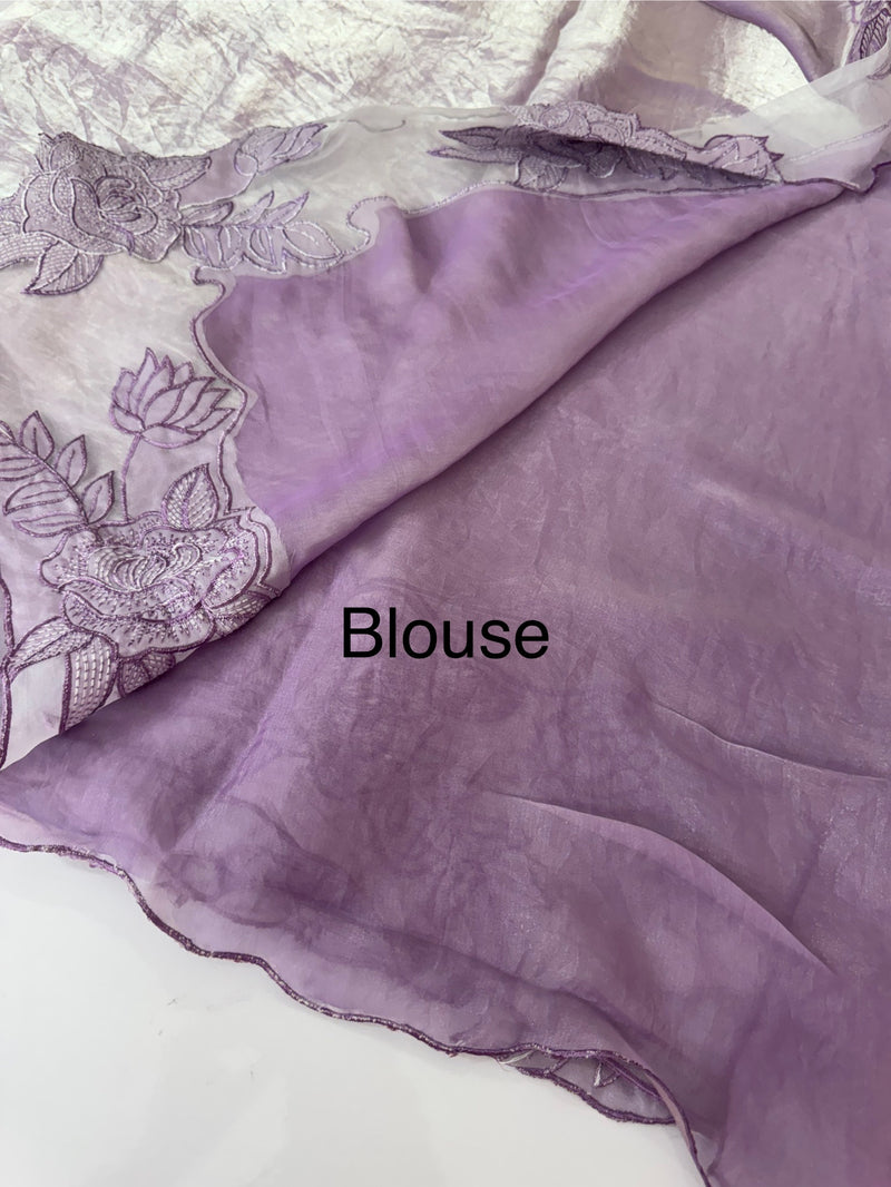 Fancy satin silk organza saree with applique borders MS14207 Lavender