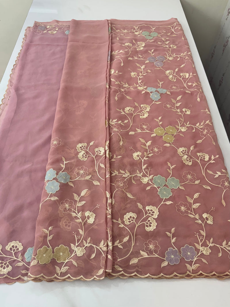 Pure Georgette saree with embriodery and applique work MS15567 PeachyPink