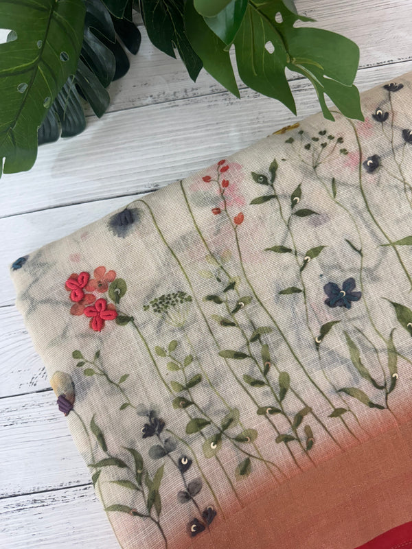 Handworked floral digital printed semi Linen Saree MLS611
