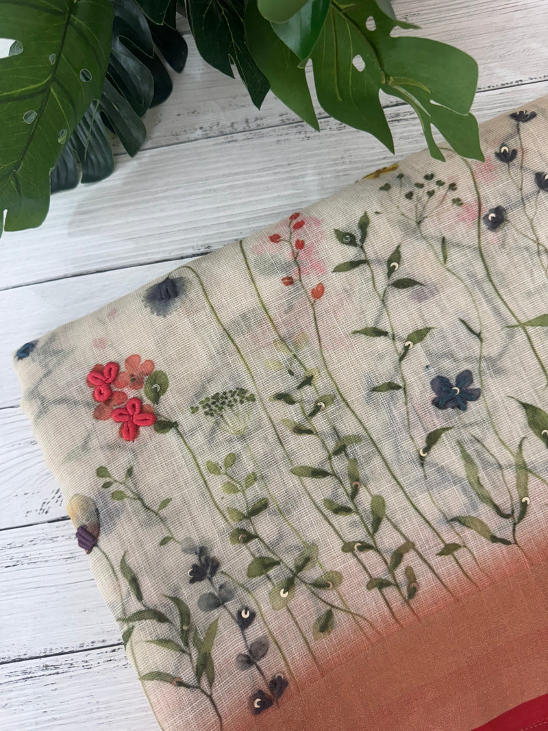 Handworked floral digital printed semi Linen Saree MLS611