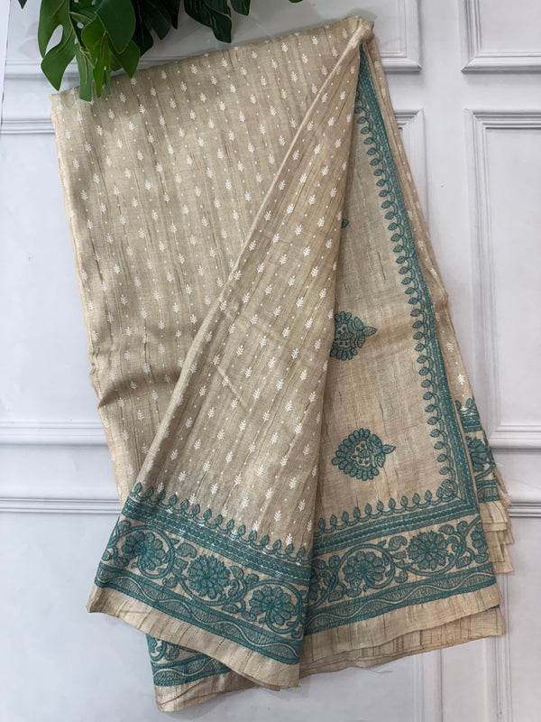 Blended tussar saree with embriodery border - SMJNSEM