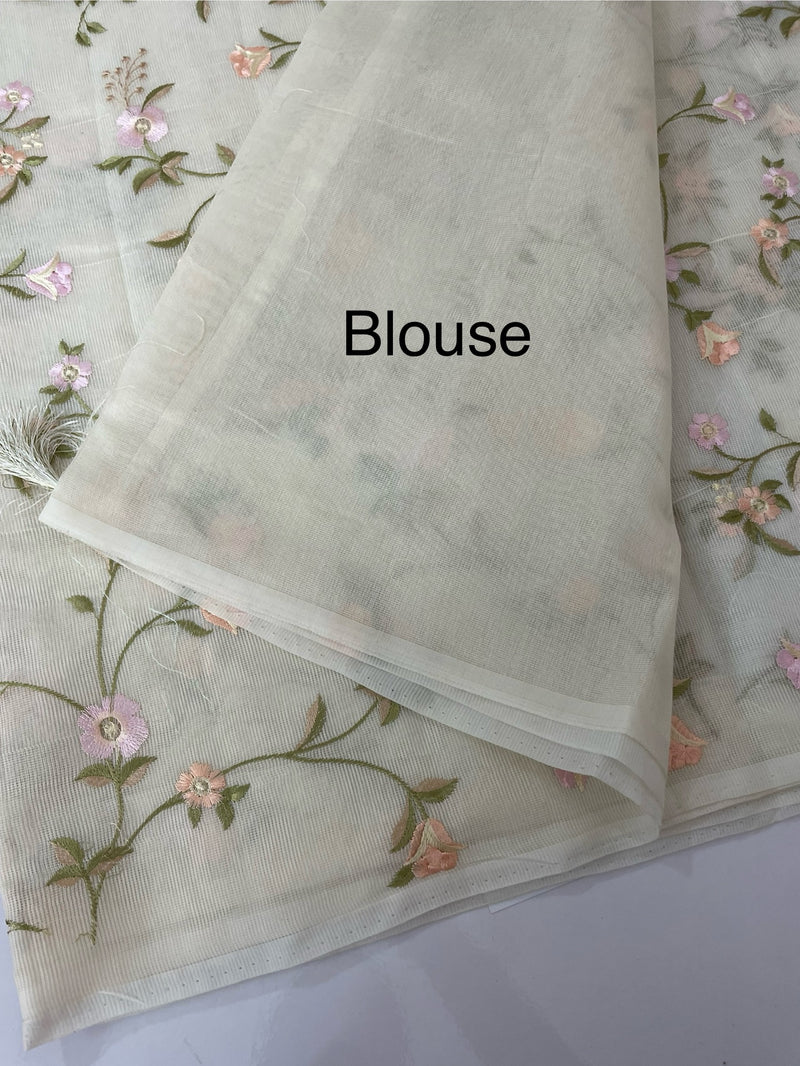 Kota Supernet embriodery saree SHSNYNM- White