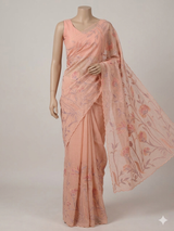 Soft Moonga checks saree with prints and embroidery MSH154 - Peach
