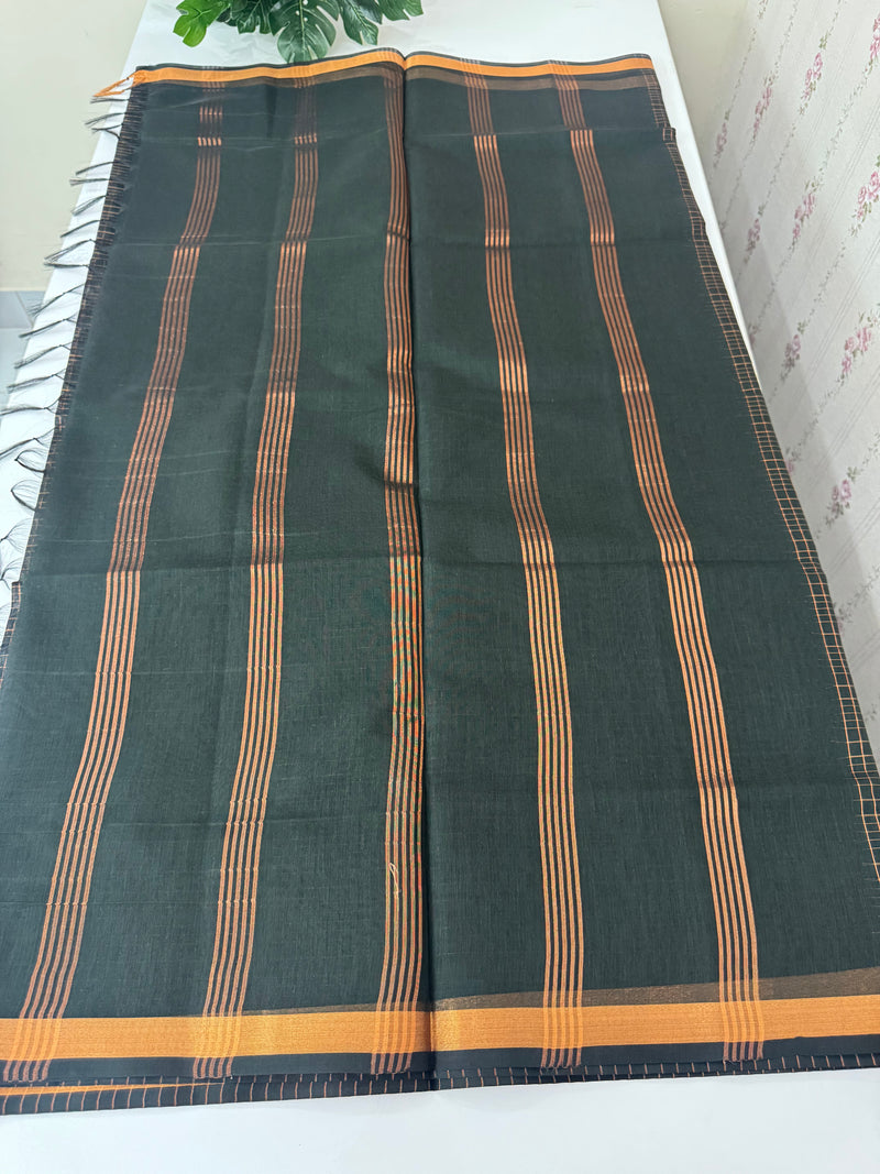 Mangalagiri Silk Cotton Saree with zari checks MS90321 - Dark Green(mix of black)