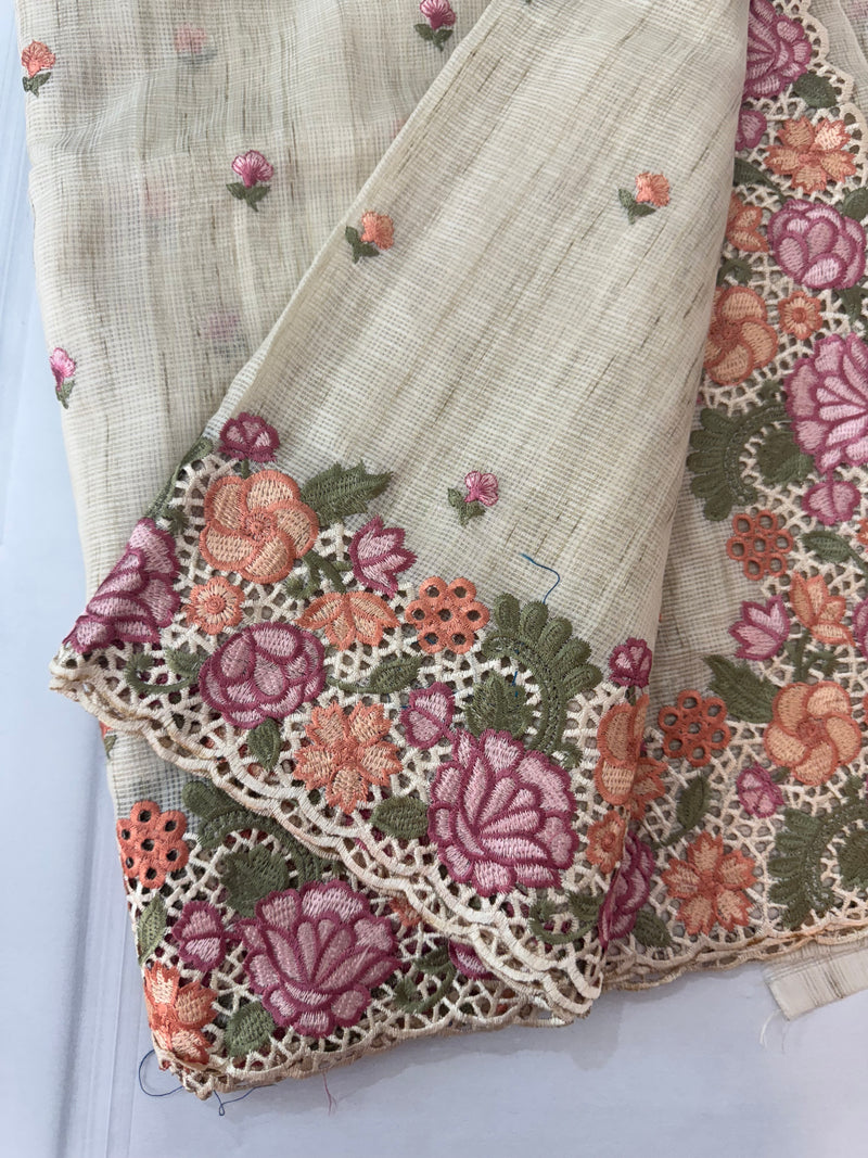 Embriodery Kota Silk Cutwork saree FBLK100 - Beige