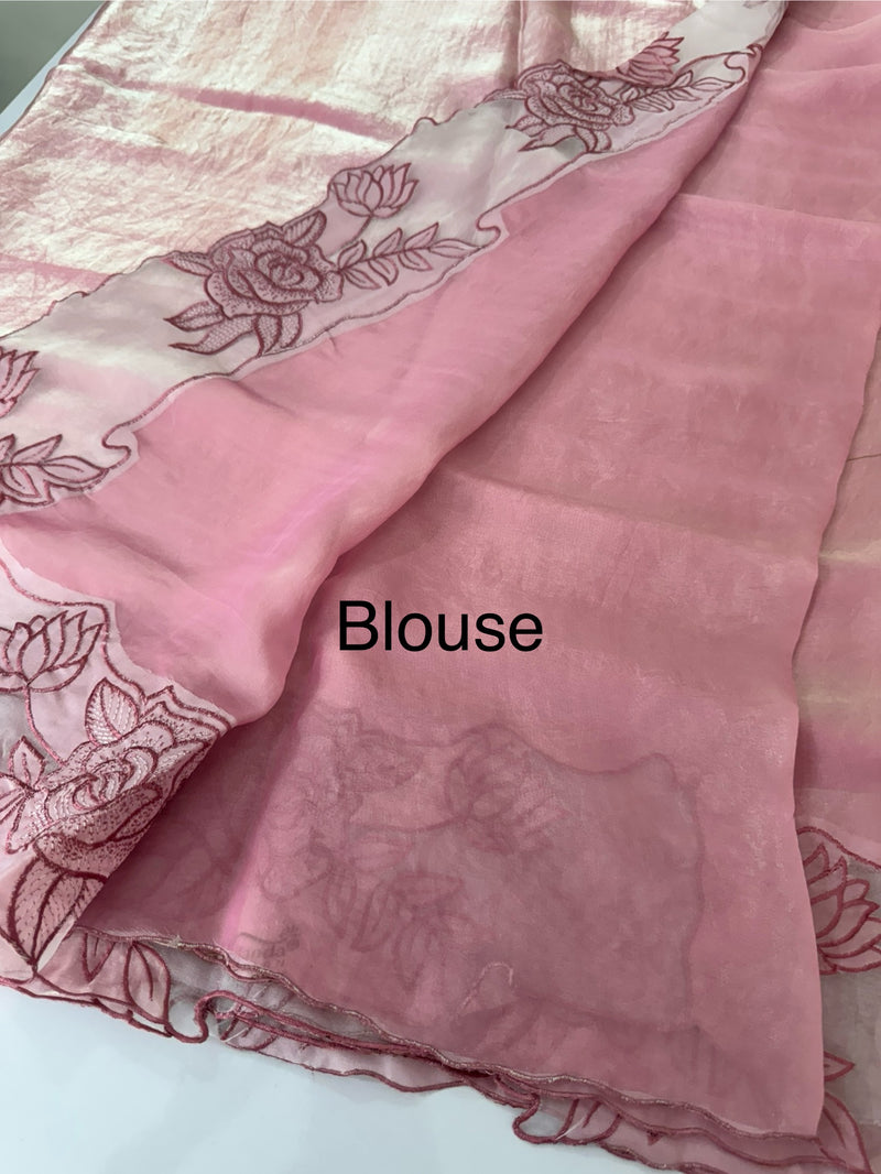 Fancy satin silk organza saree with applique borders
 MS14207 Pink