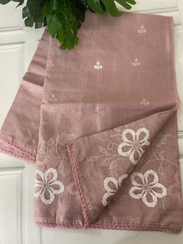 Soft kota checks saree with embroidery MSKC348 DustyMauve