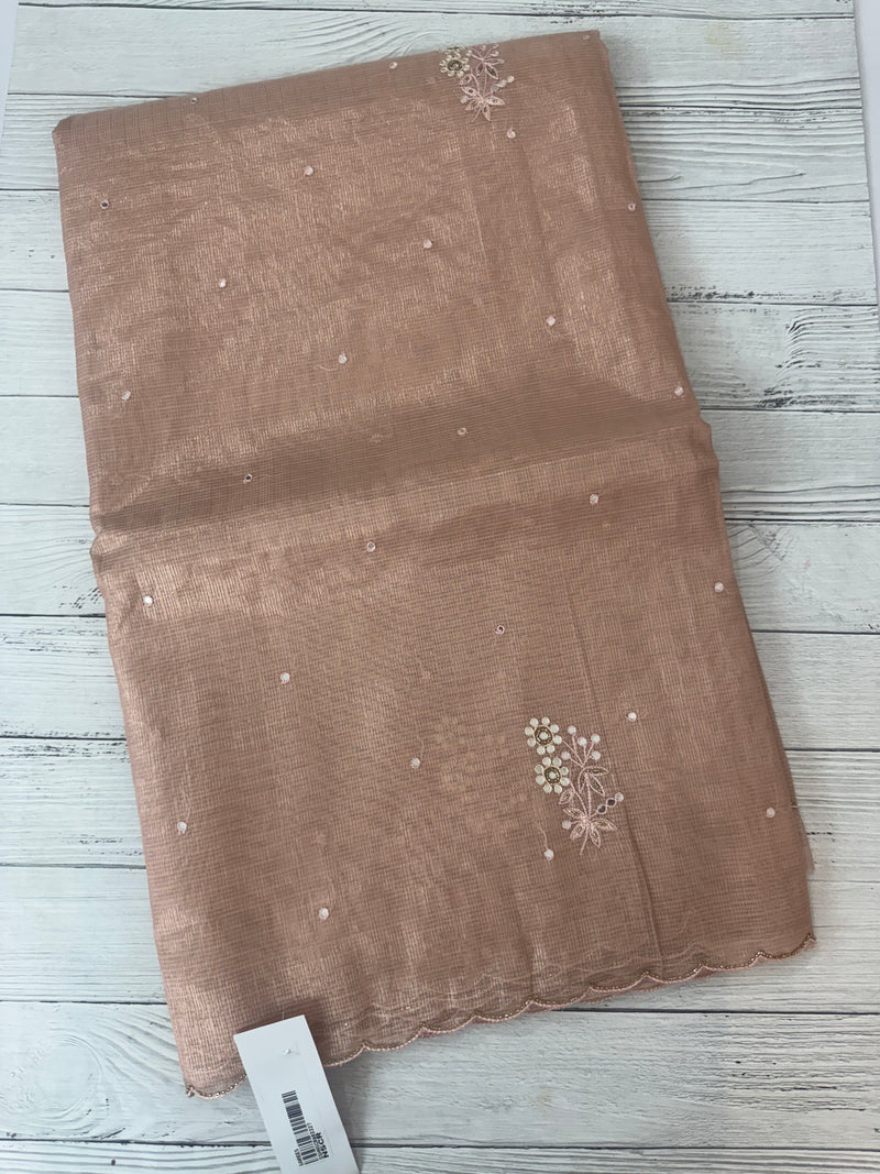 Tissue silk saree with foil work and cutdana scalloped border MTSS432- NudePink