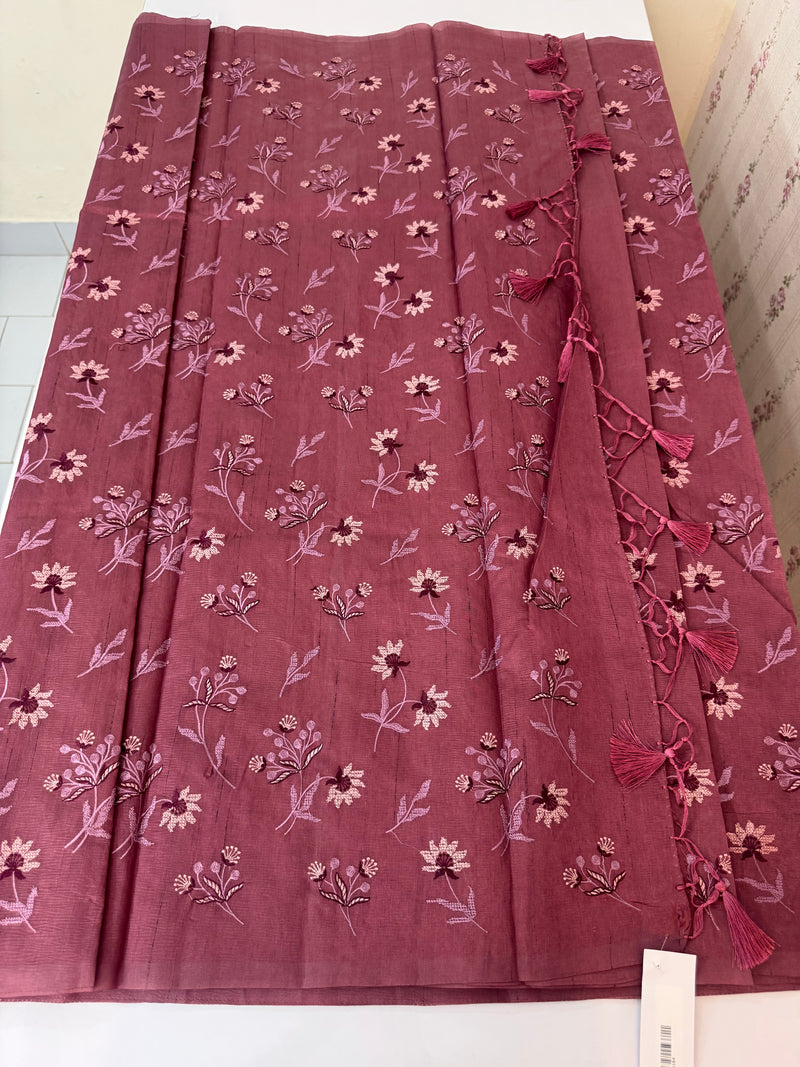 Crushed Blended tussar silk saree with embroidery- MSB7654 Rosewood