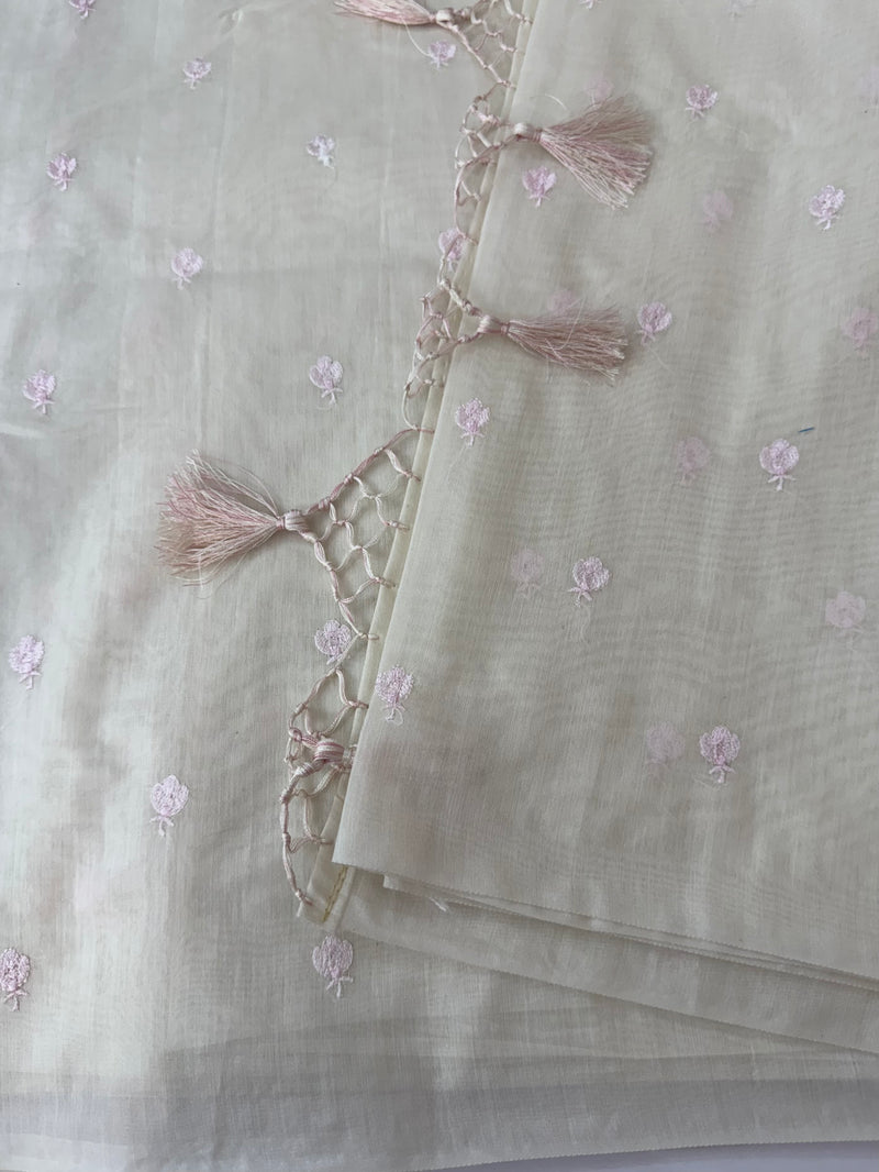 Mul chanderi saree with embriodery MSH114 - Pastel Pink flowers