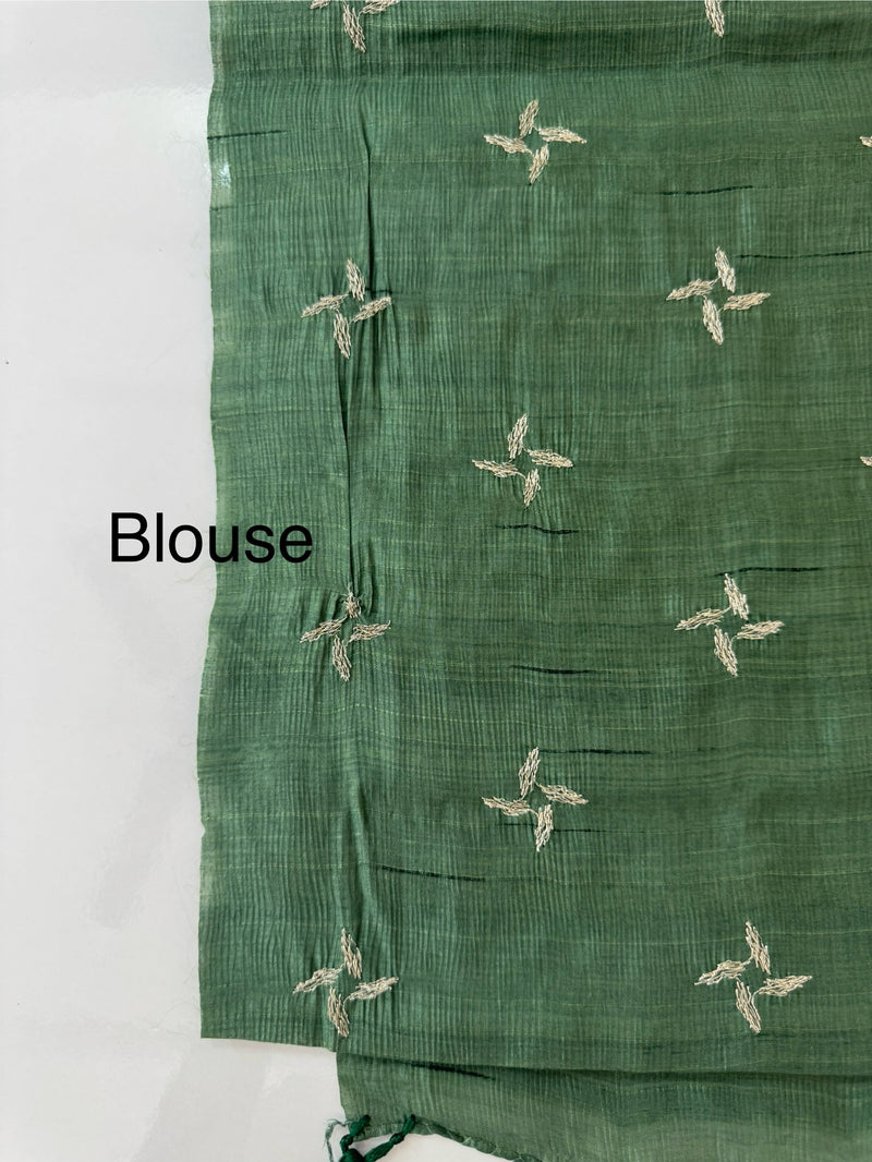 Crushed Blended tussar silk saree with embroidery- SNFCYEY JADE GREEN