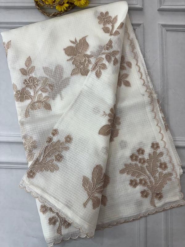 Soft kota silk saree with applique embroidery and scalloped border MS15232- Offwhite